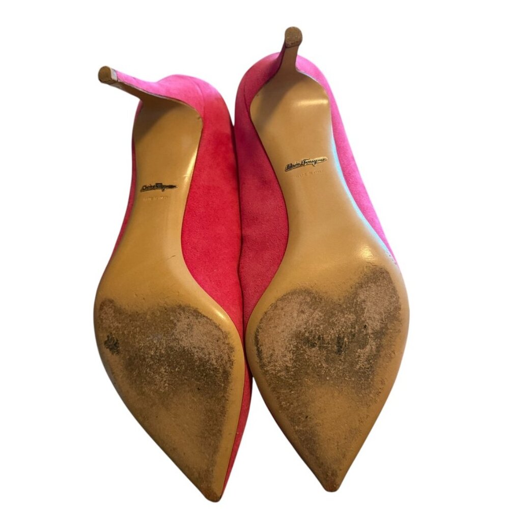 Salvatore Ferragamo Hot Pink 🔥 Suede Pumps Size 7.5 Kitten Heel Pointy toe - Picture 12 of 16